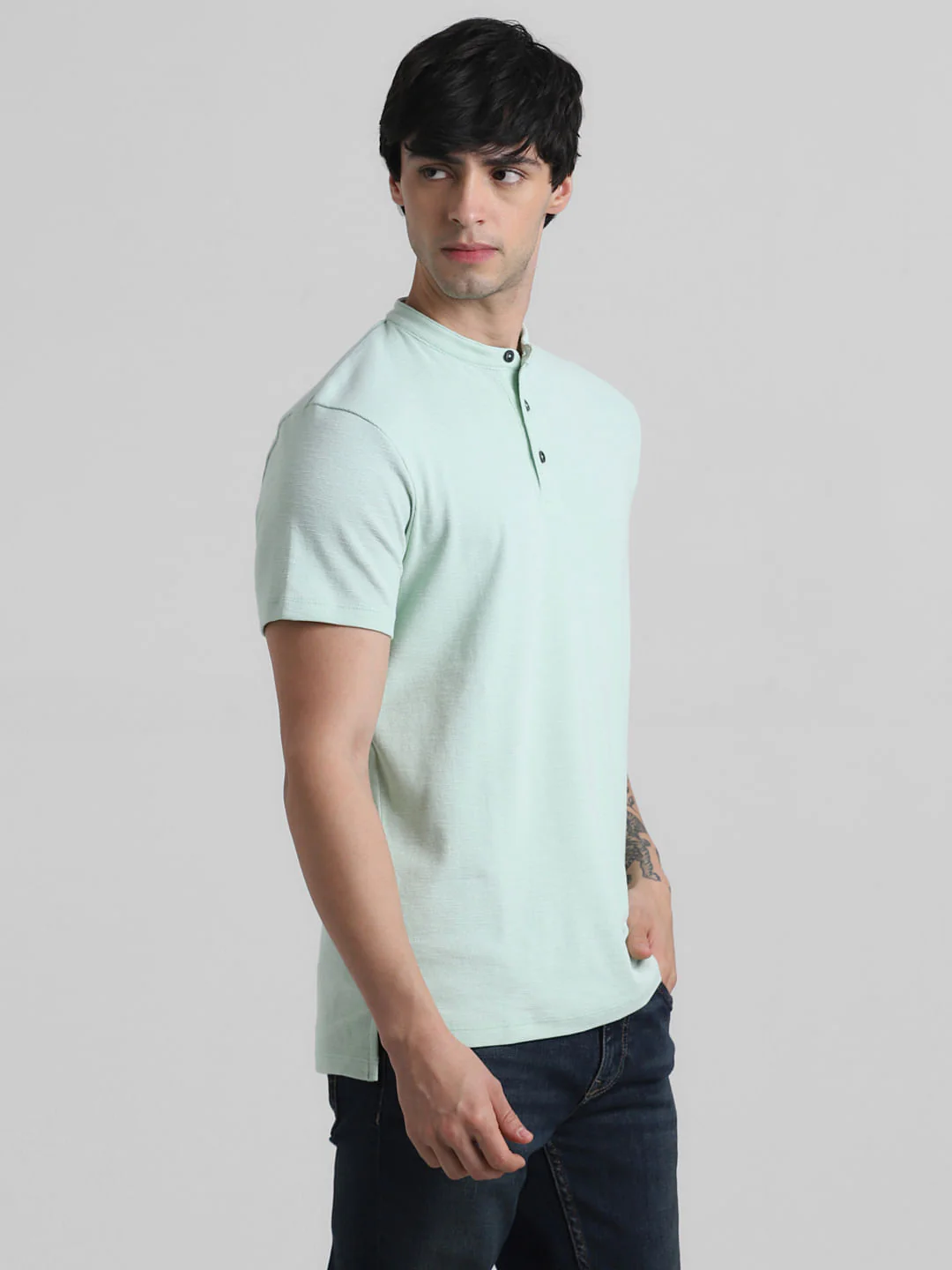 Green Cotton Henley T-shirt - Image 3