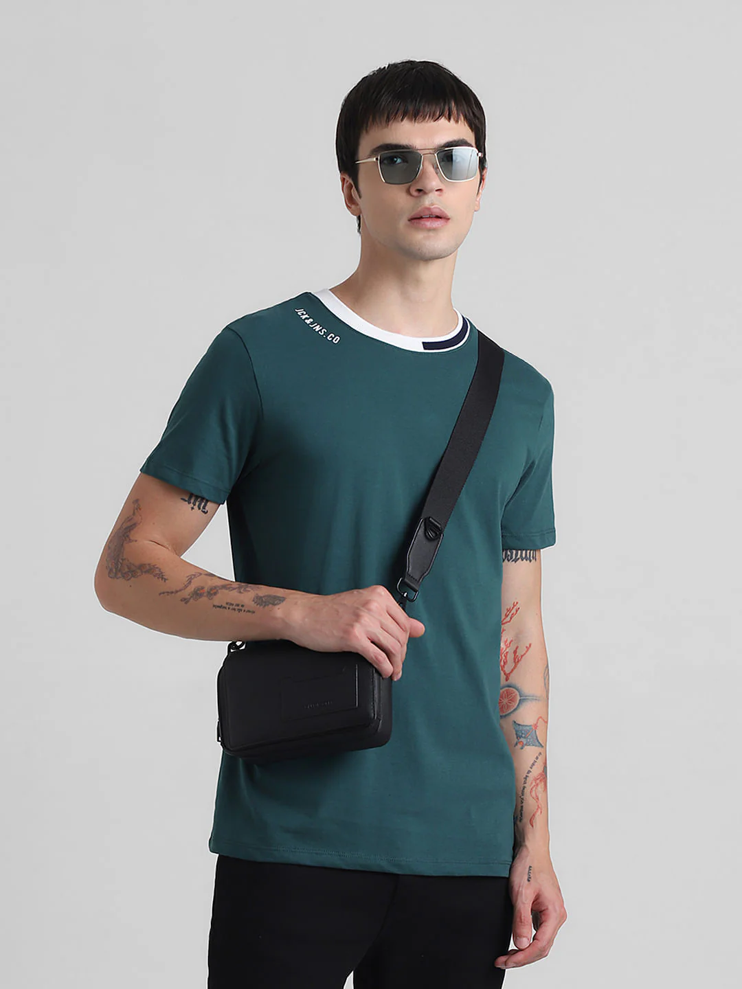 Green Cotton Contrast Neck T-shirt