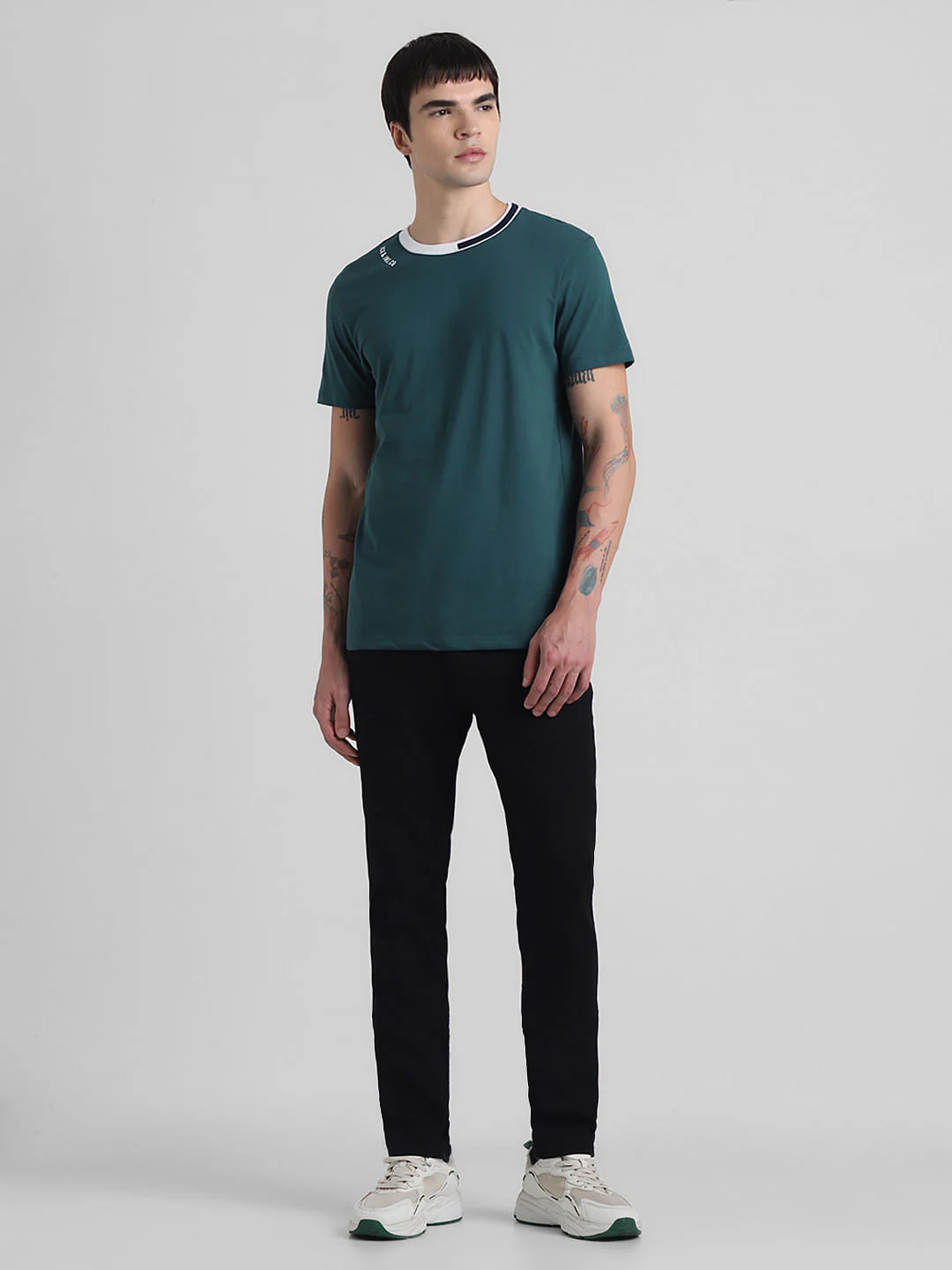Green Cotton Contrast Neck T-shirt - Image 6