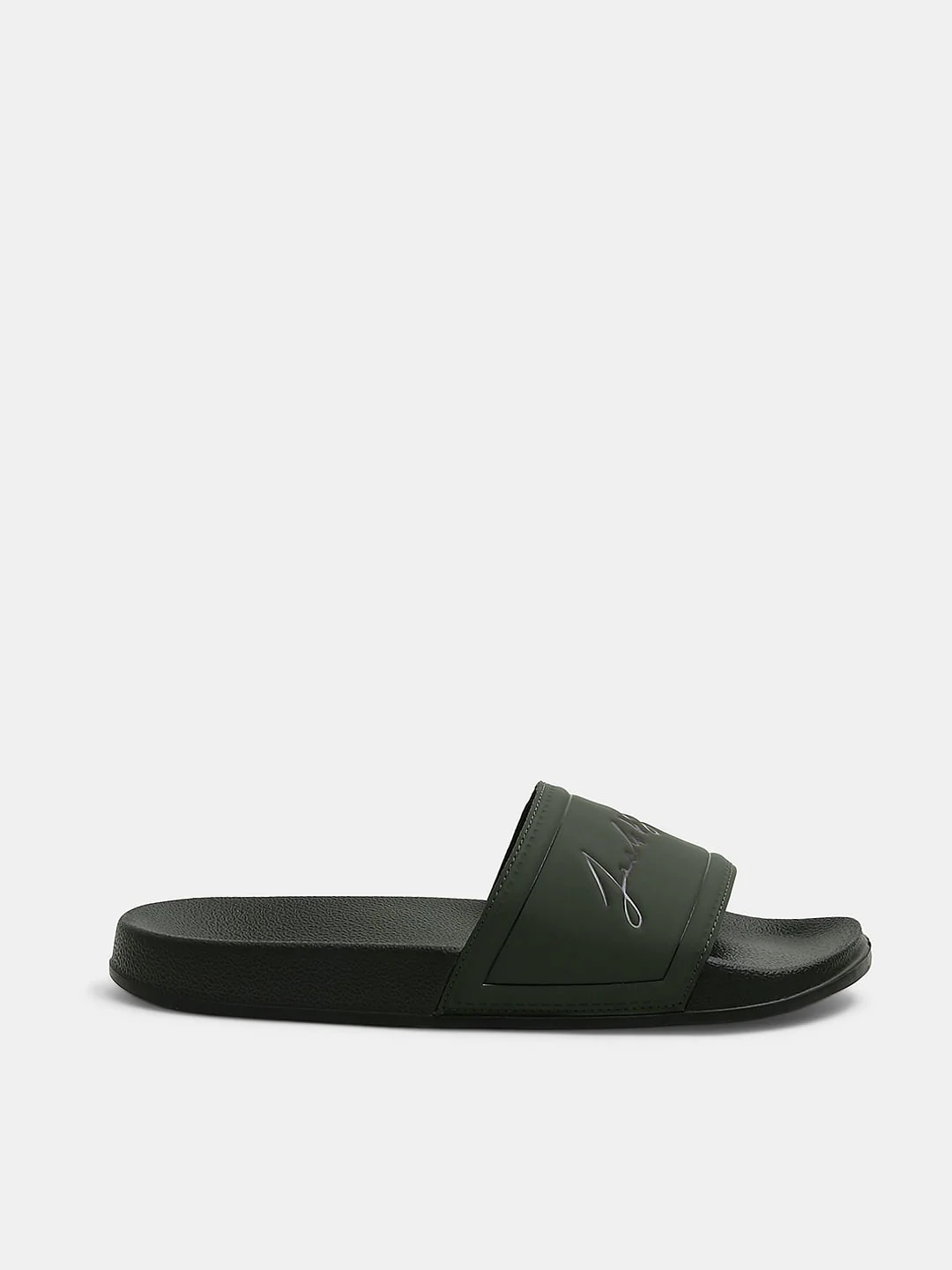 Olive Cursive Logo Print Pool Sliders - Image 2