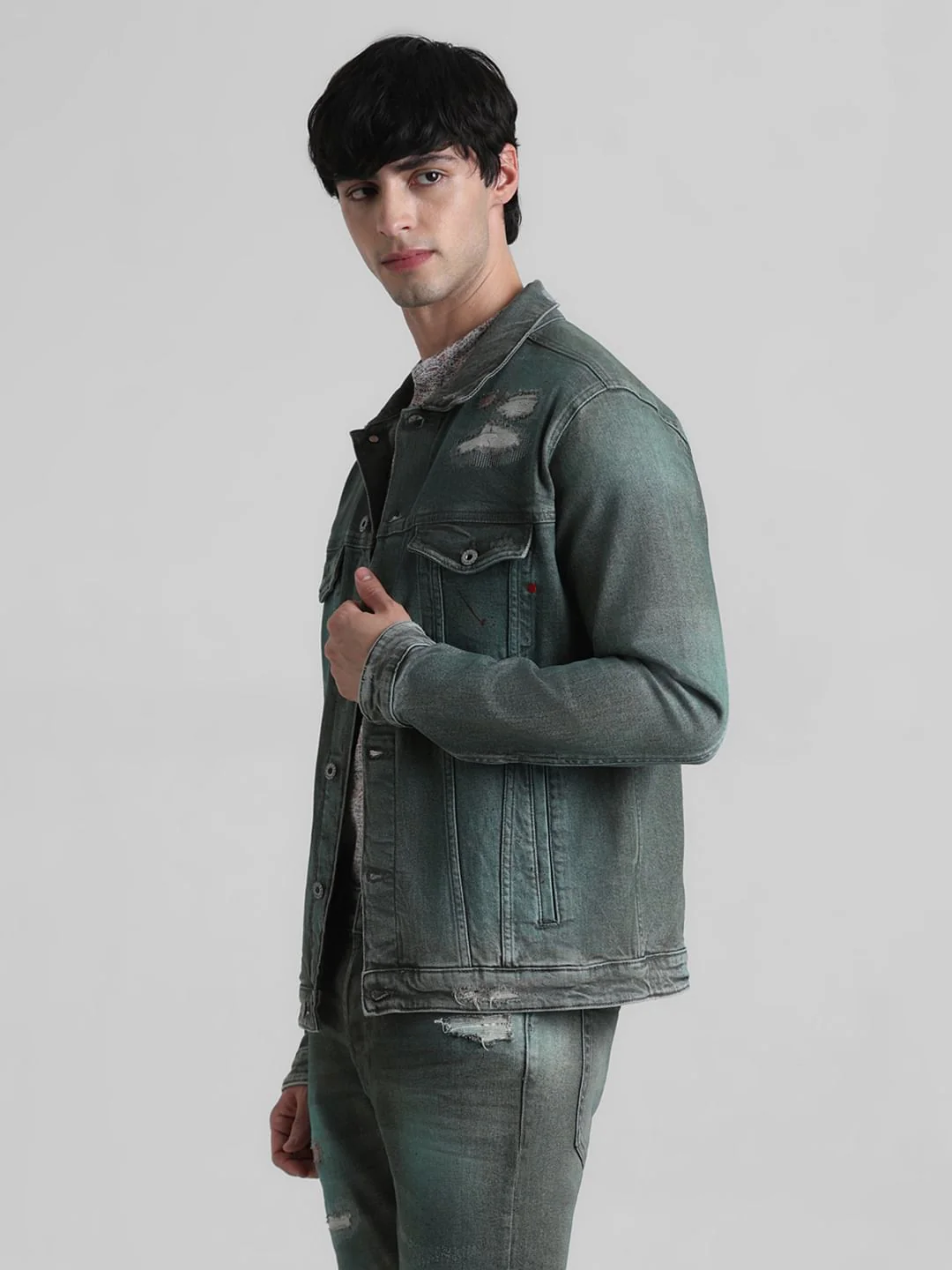 URBAN RACERS by JACK&JONES Green Distressed Denim Jacket - Image 3