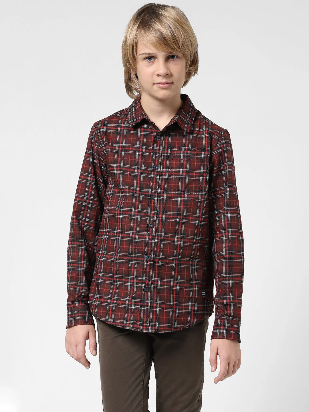 Boys Dark Red Check Cotton Shirt - Image 2