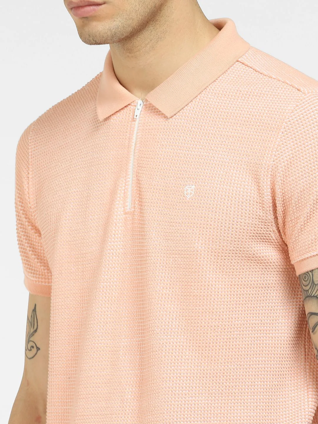 Peach Textured Knit Polo Neck T-shirt - Image 5
