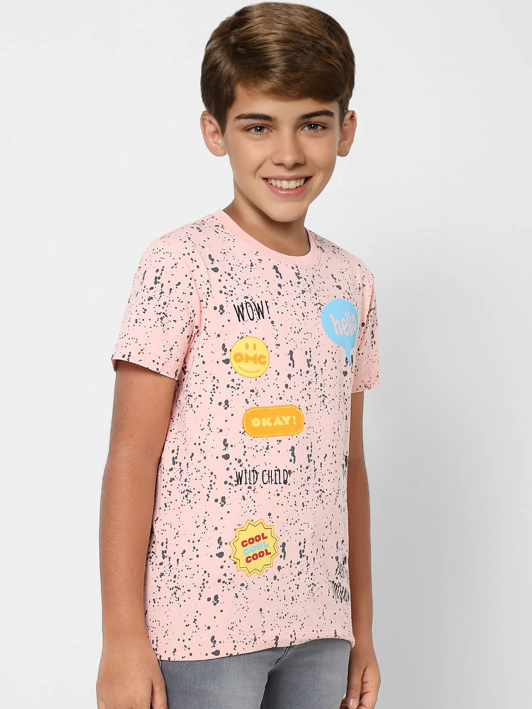 Boys Peach Printed Crew Neck T-shirt - Image 3