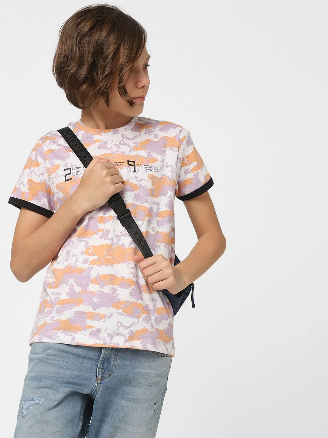 Boys Peach Printed Crew Neck T-shirt