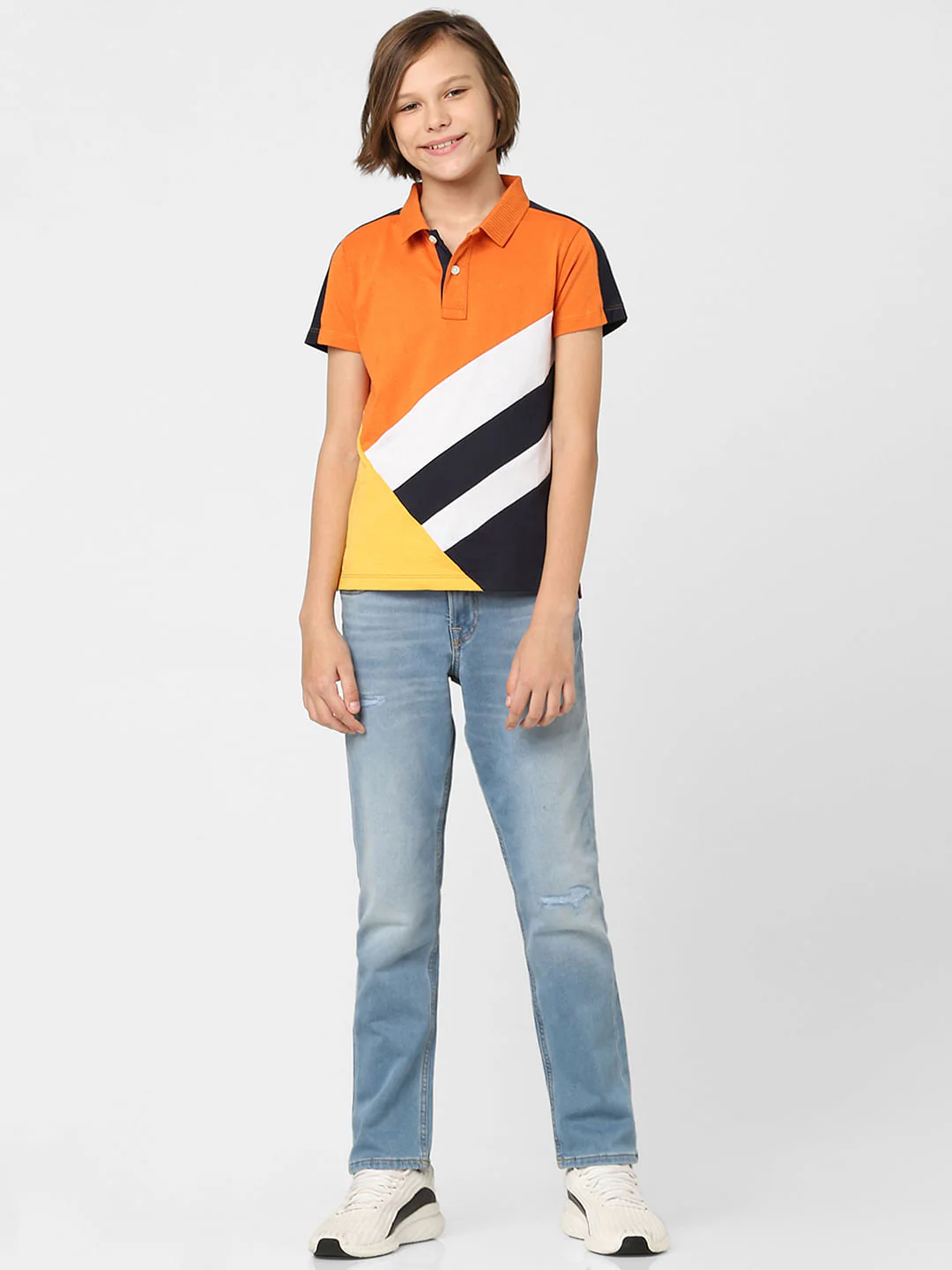Boys Orange Colourblocked Polo T-shirt - Image 6