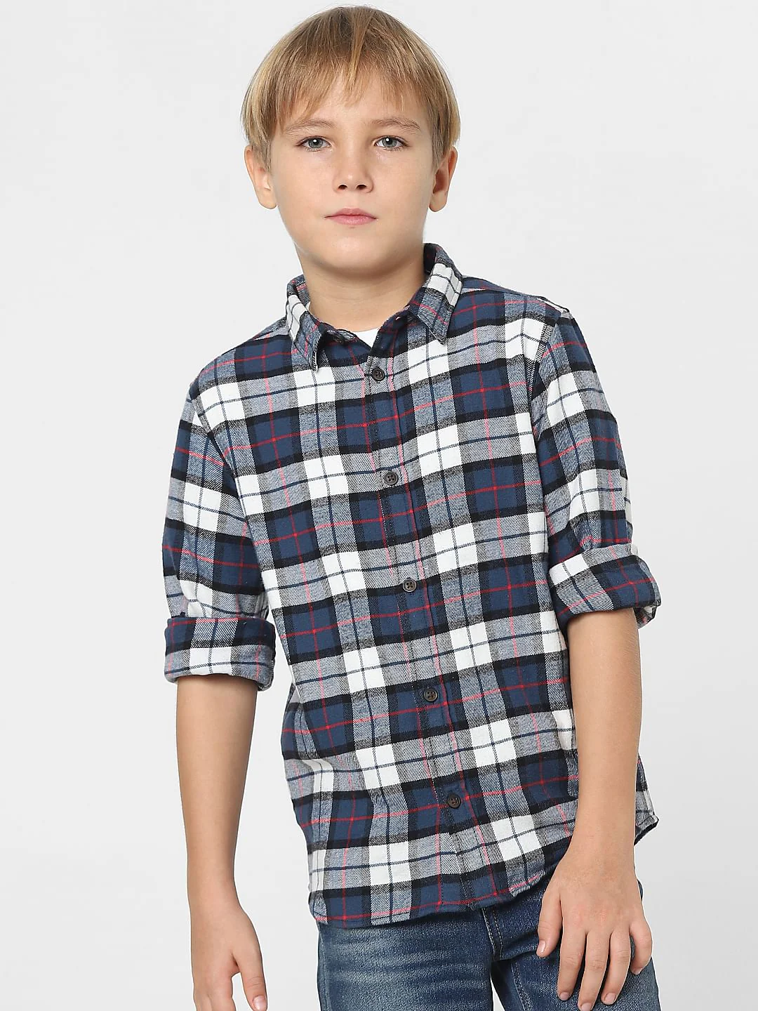 Boys White Check Full Sleeves Shirt - Image 2