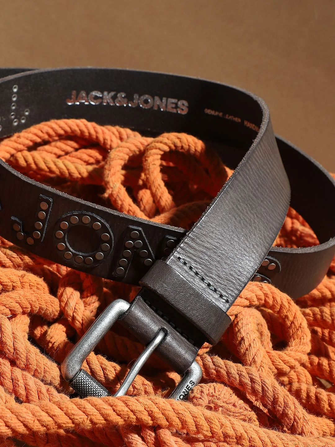 Brown Studded Logo Leather Belt