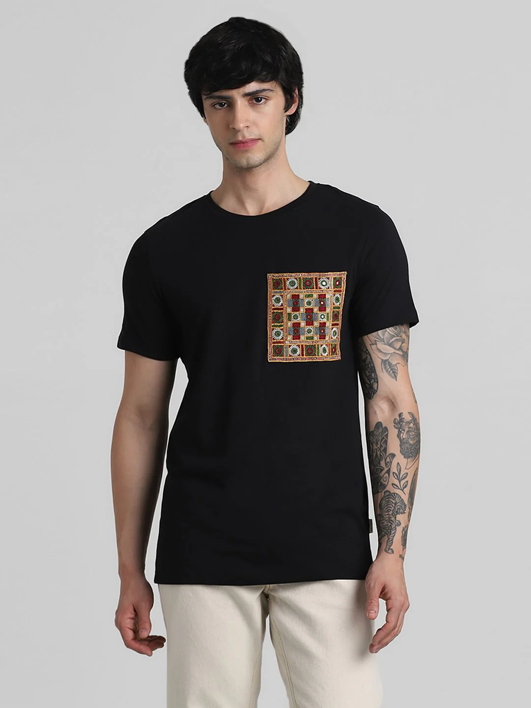 JACK&JONES X KUTCH BLACK PATCHWORK DETAIL T-SHIRT - Image 2