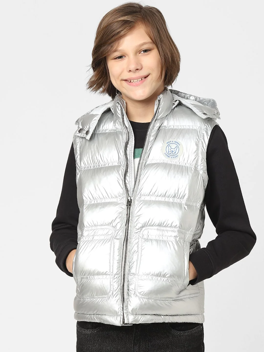 Boys Silver Hooded Puffer Jacket - Image 2