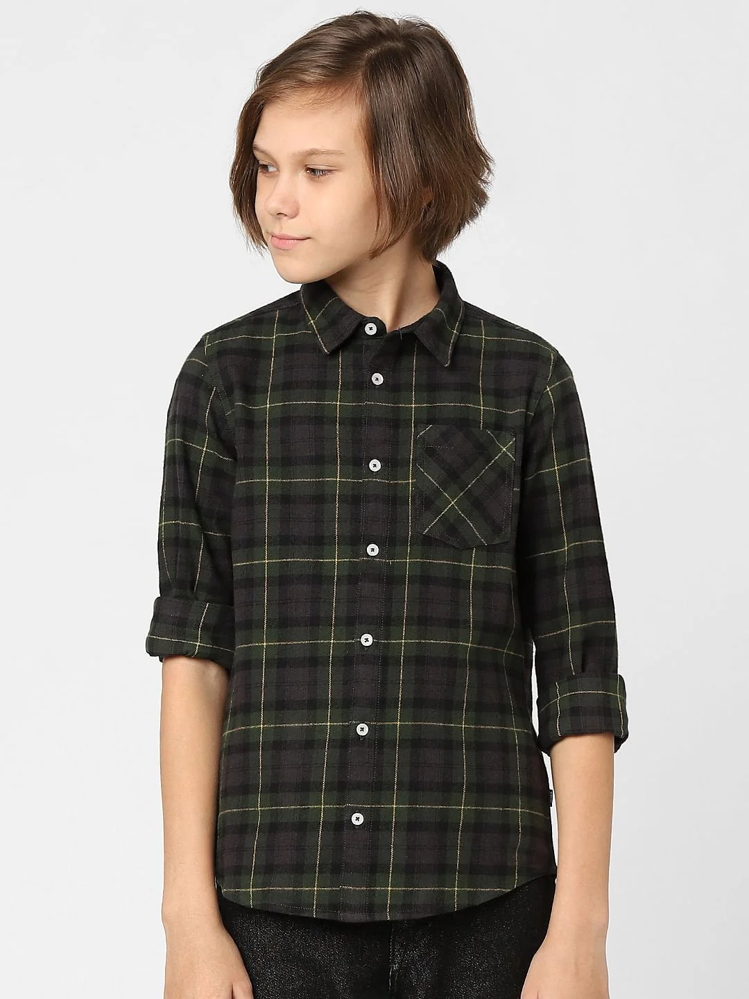 Boys Dark Green Check Full Sleeves Shirt - Image 2