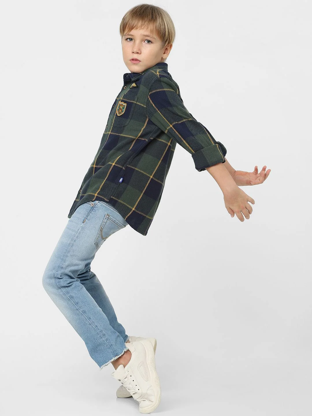 Boys Green Check Print Full Sleeves Shirt