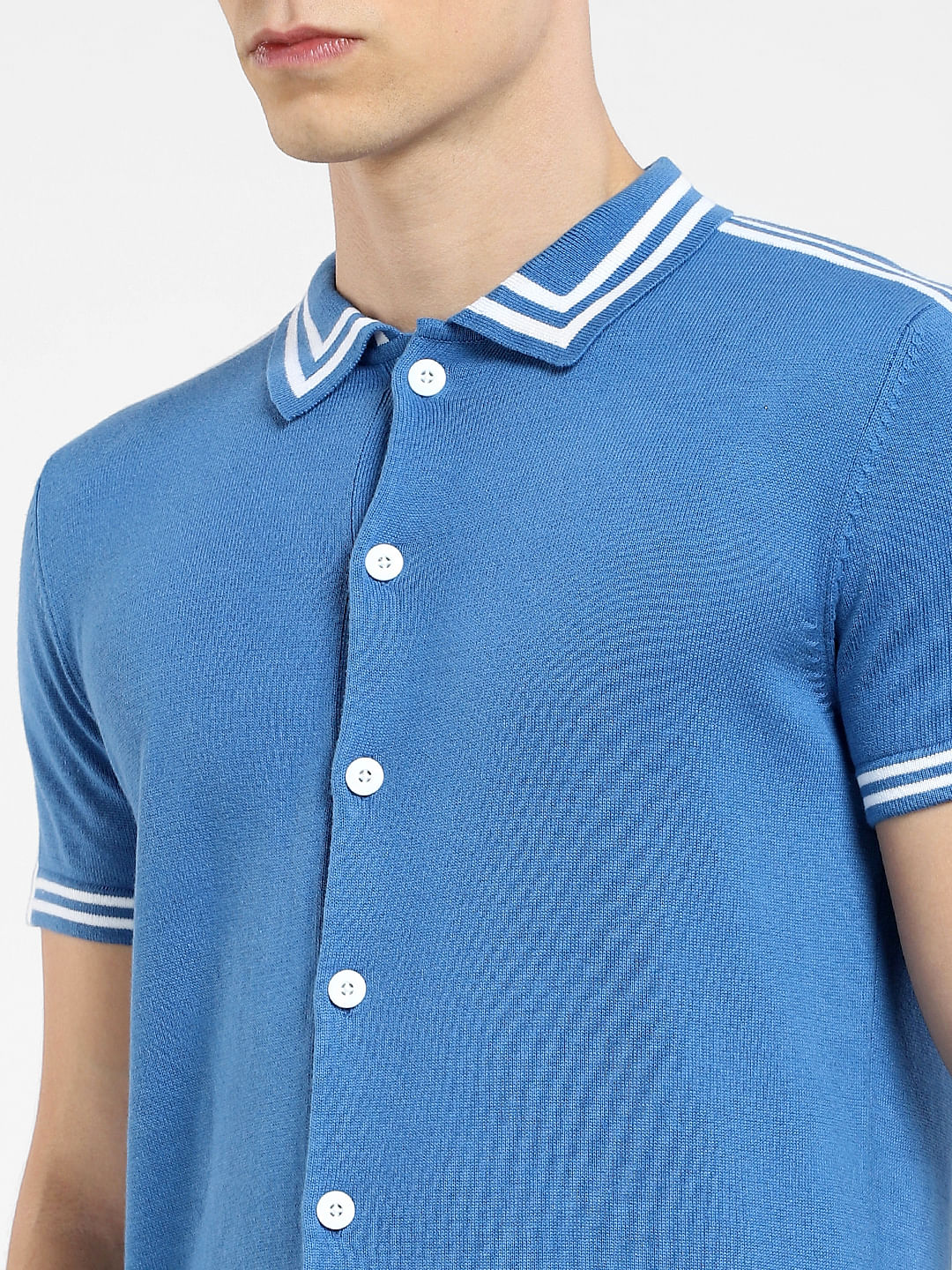 Blue Front Open Knit Polo T-shirt - Image 5