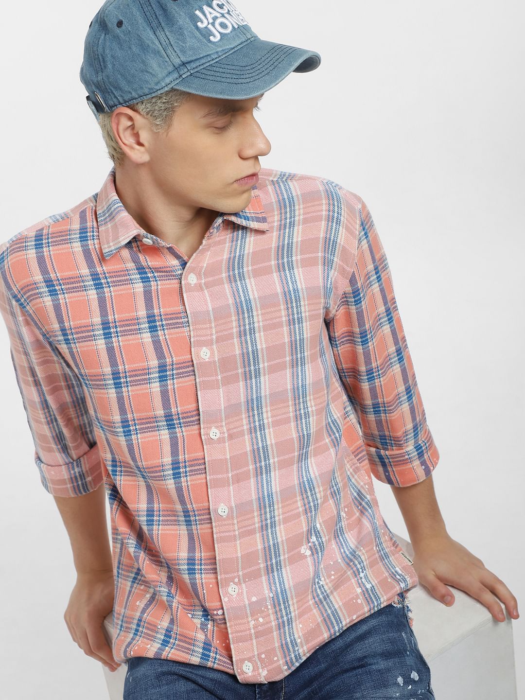 Peach Check Print Full Sleeves Shirt