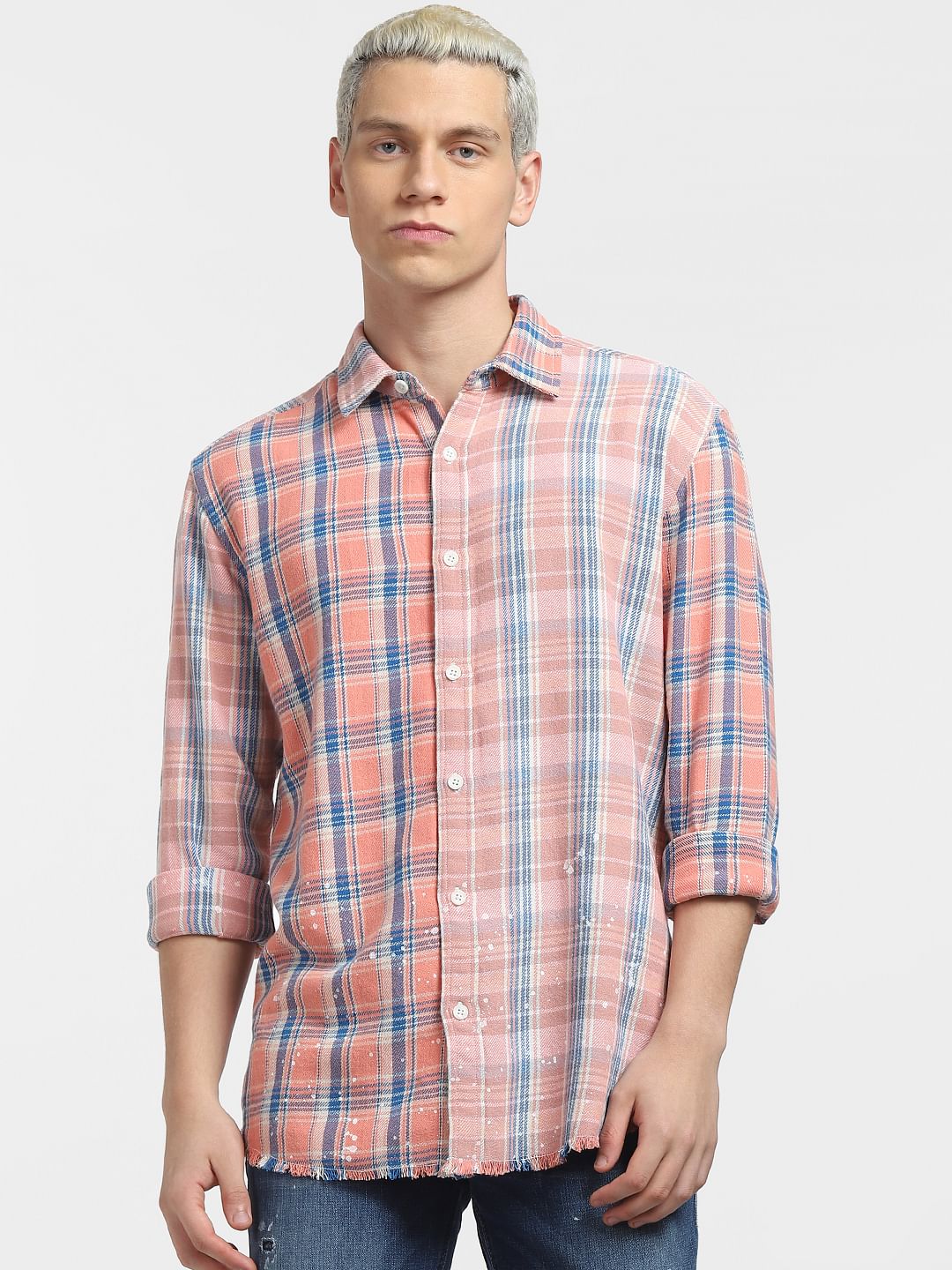 Peach Check Print Full Sleeves Shirt - Image 2