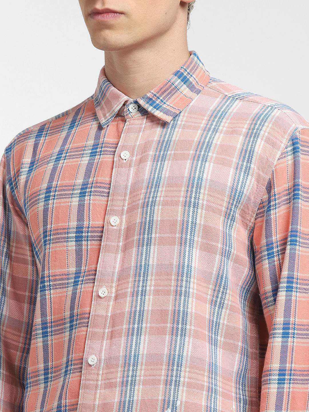 Peach Check Print Full Sleeves Shirt - Image 5