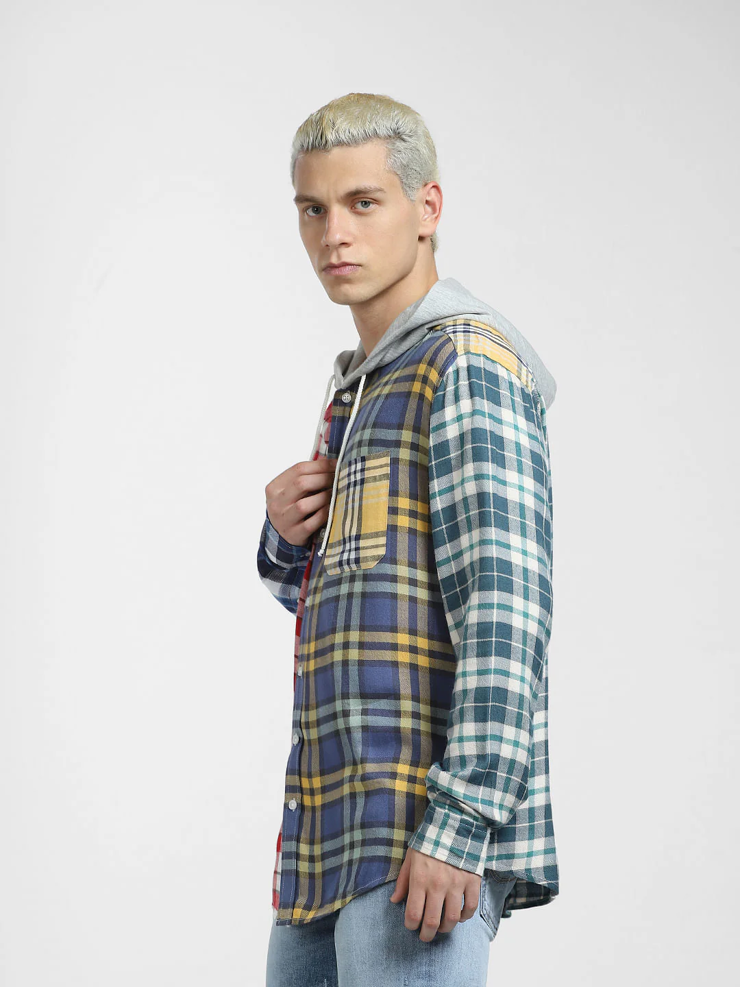 METAVERSE Blue Check Hooded Full Sleeves Shirt - Image 3