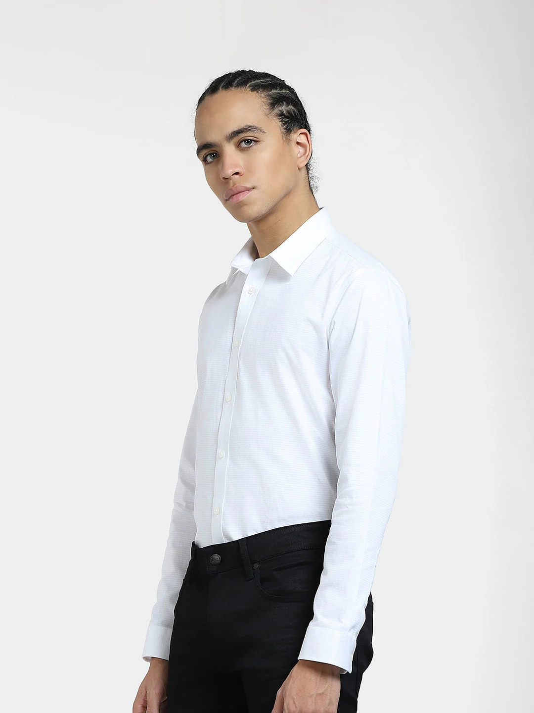 White Self-Print Full Sleeves Shirt - Image 3