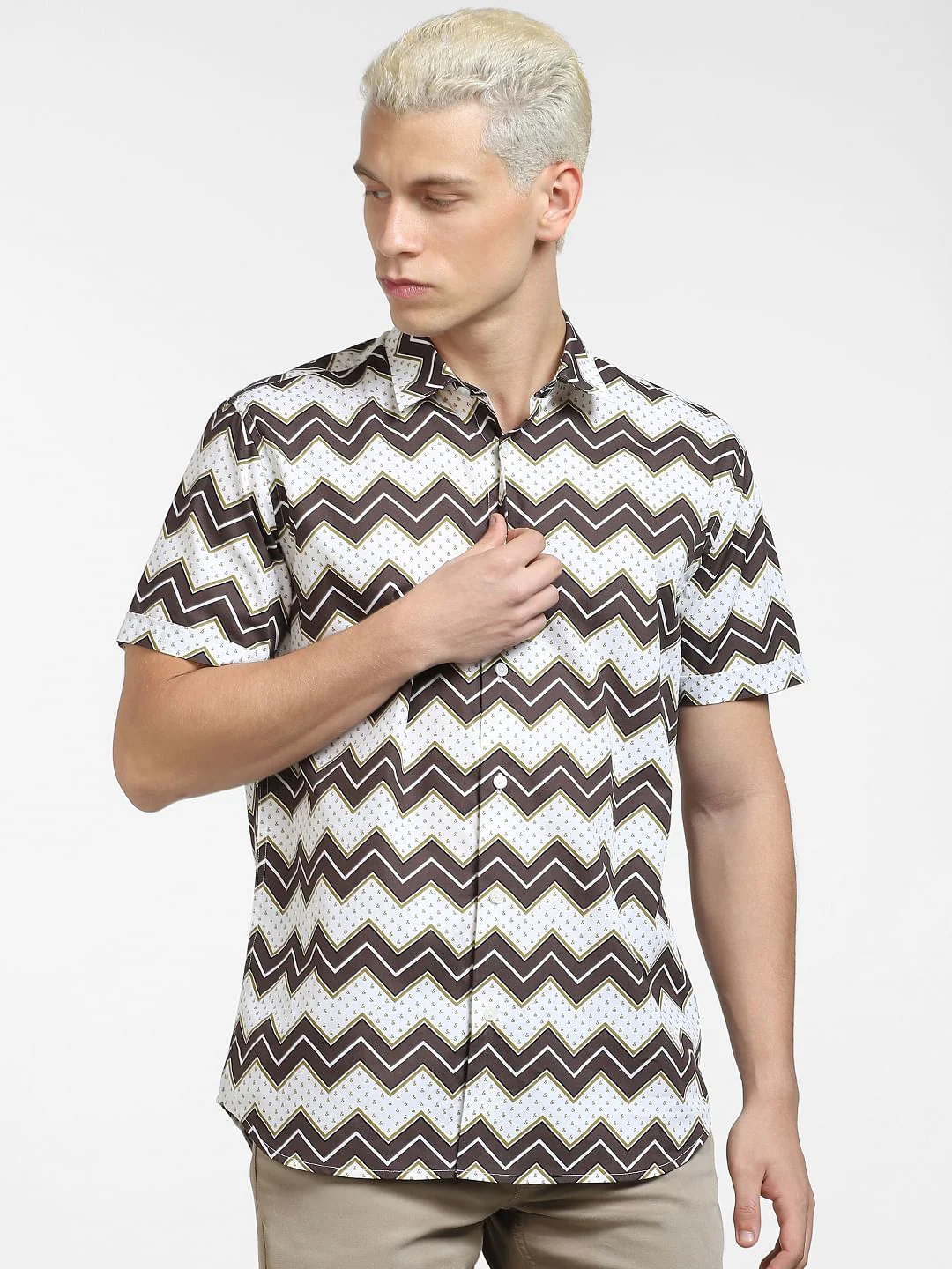 Brown Abstract Print Short Sleeves Shirt - Image 2
