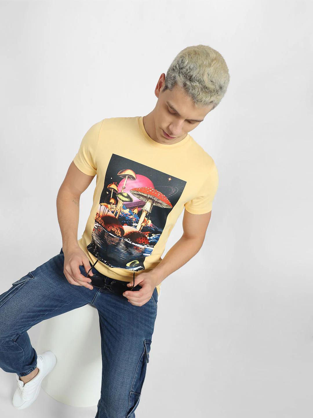 Beige Graphic Print Crew Neck T-shirt