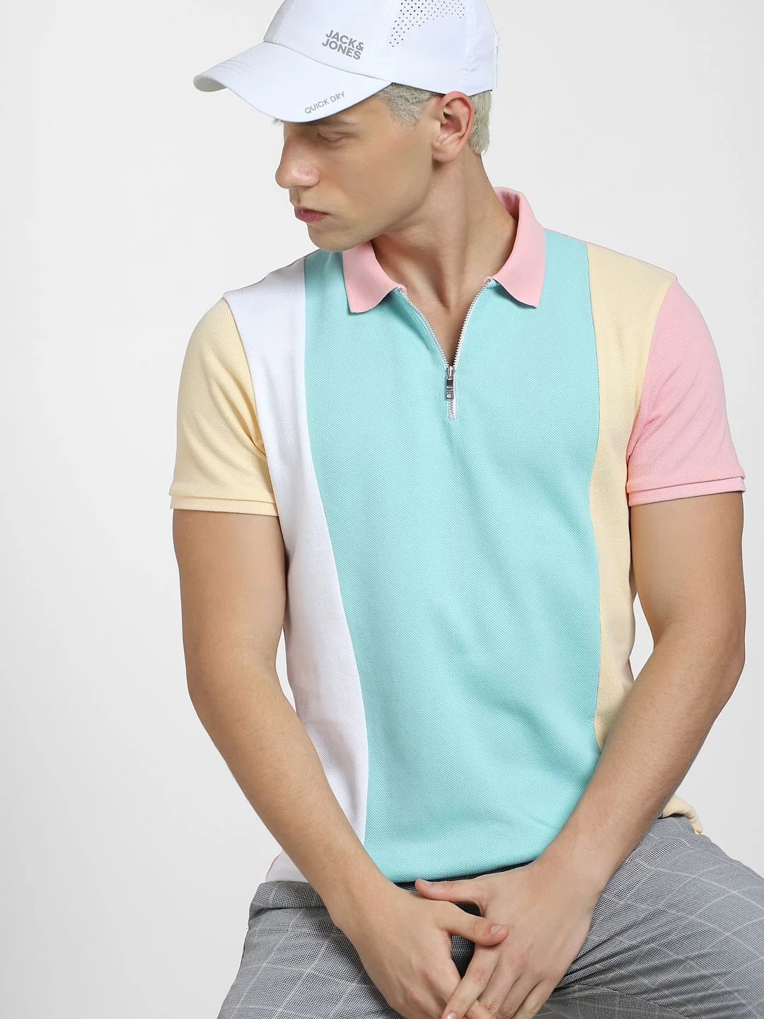 Pink Colourblocked Polo Neck T-shirt