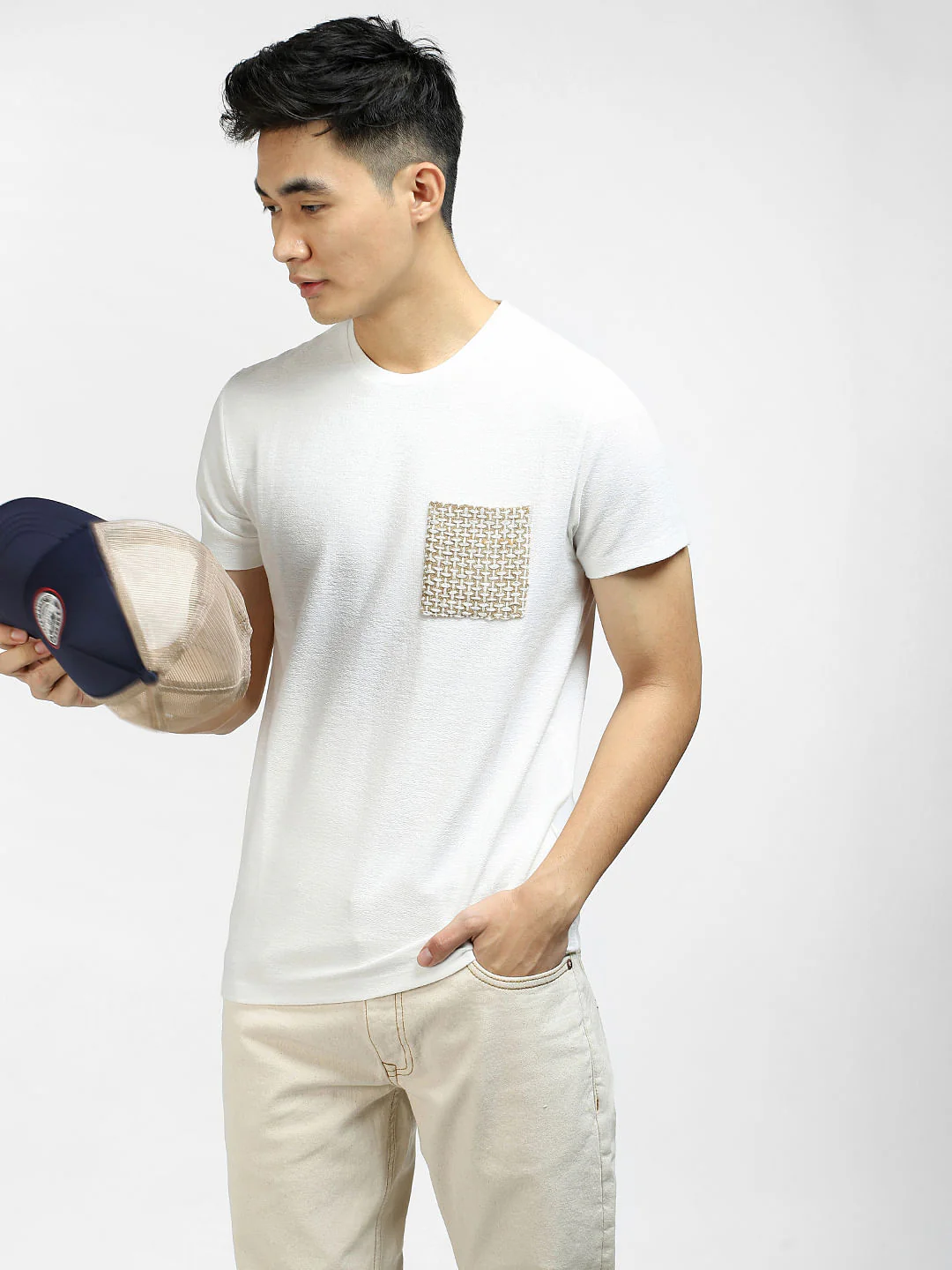 White Printed Pocket Crew Neck T-shirt