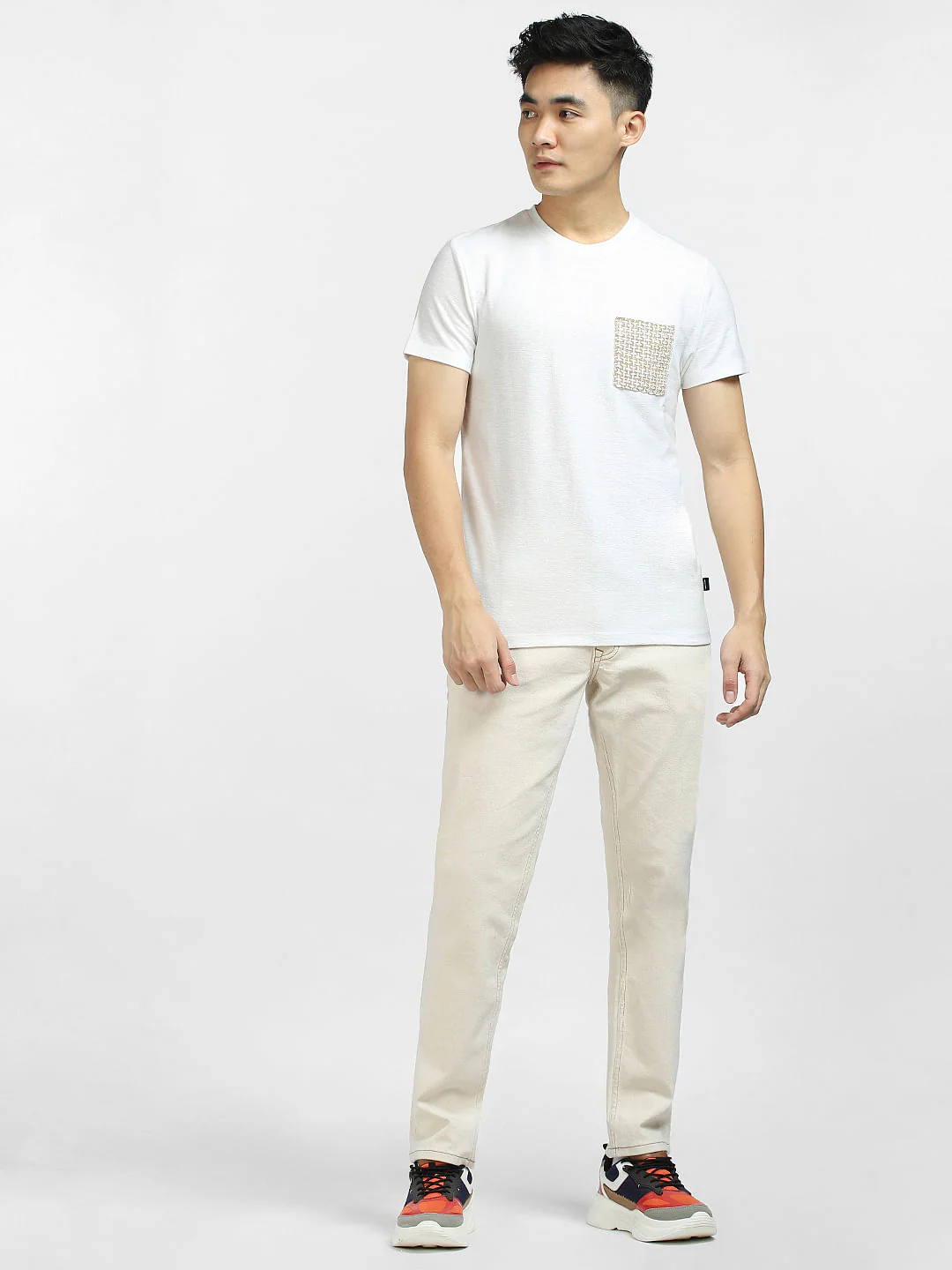 White Printed Pocket Crew Neck T-shirt - Image 6
