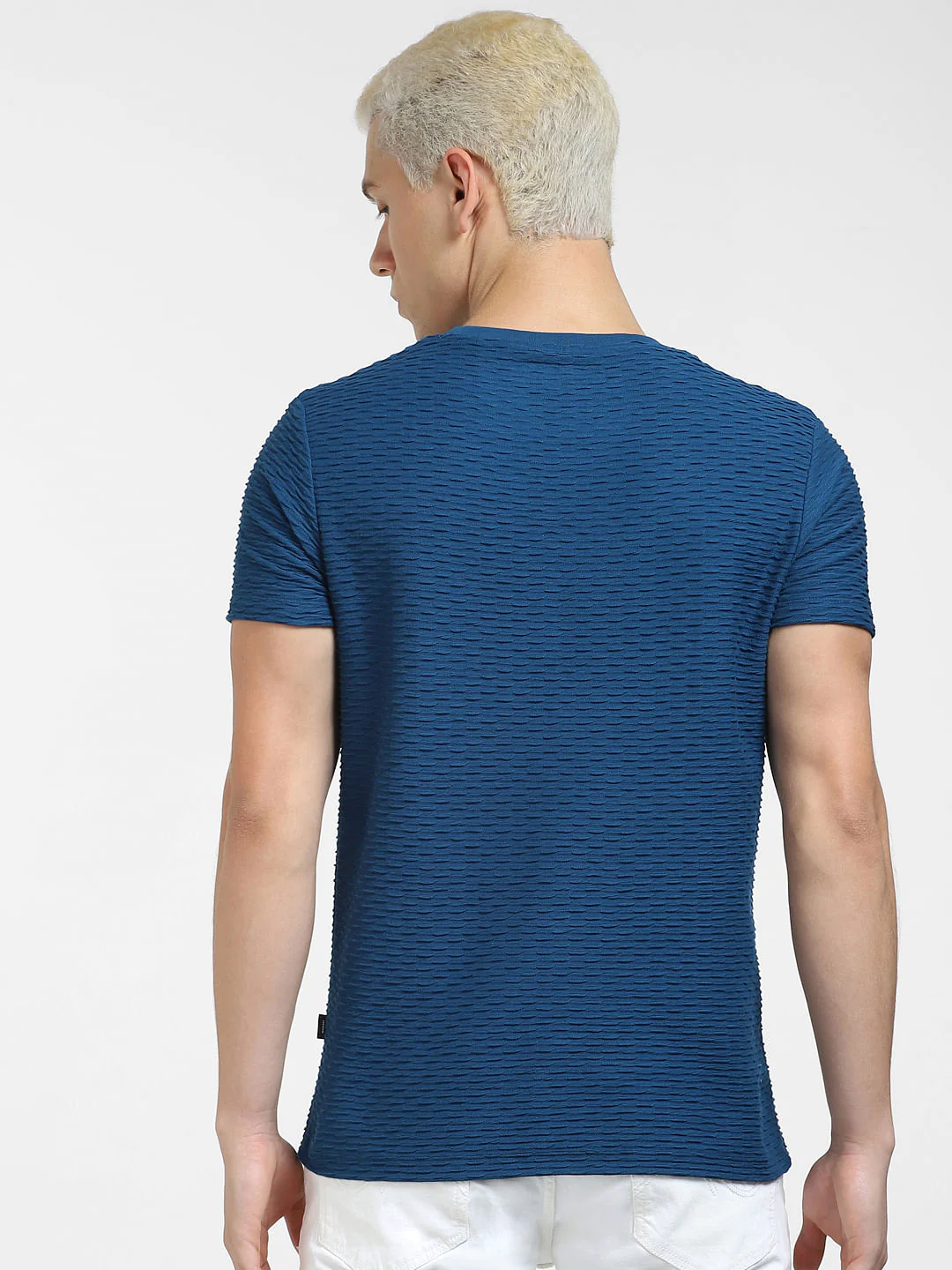 Dark Blue Self-Design Crew Neck T-shirt - Image 4