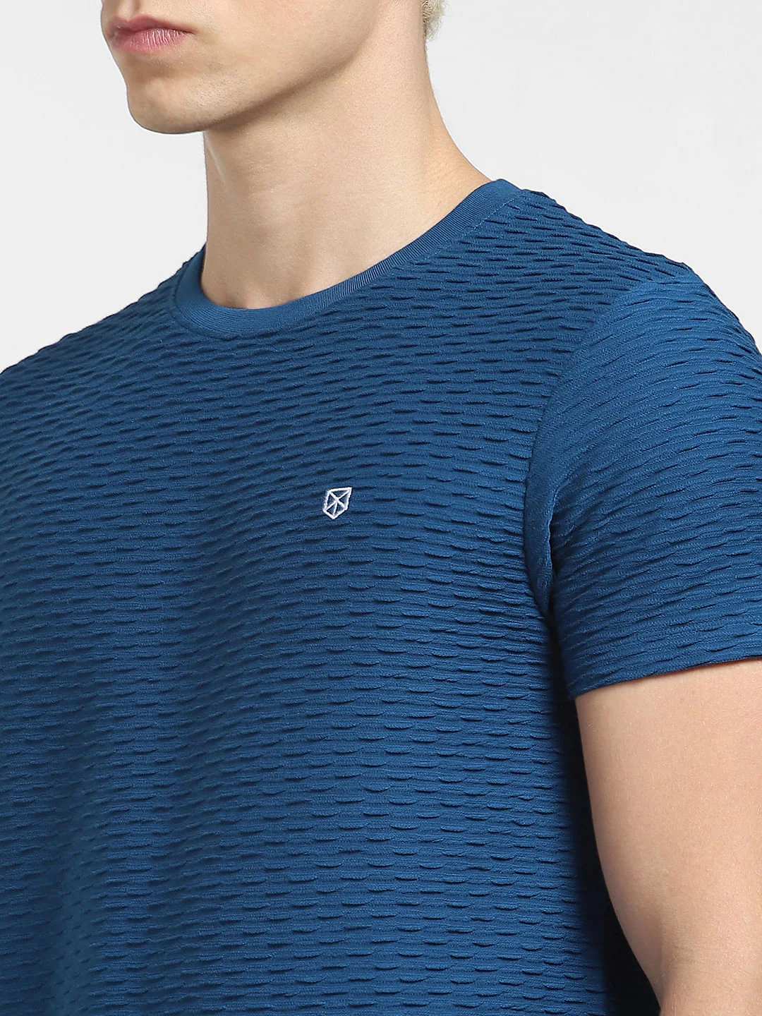 Dark Blue Self-Design Crew Neck T-shirt - Image 5