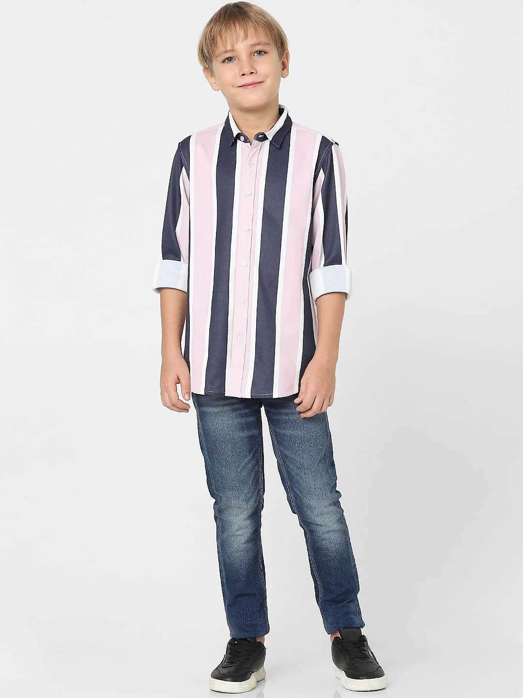 Boys Peach Striped Full Sleeves Shirt - Image 6