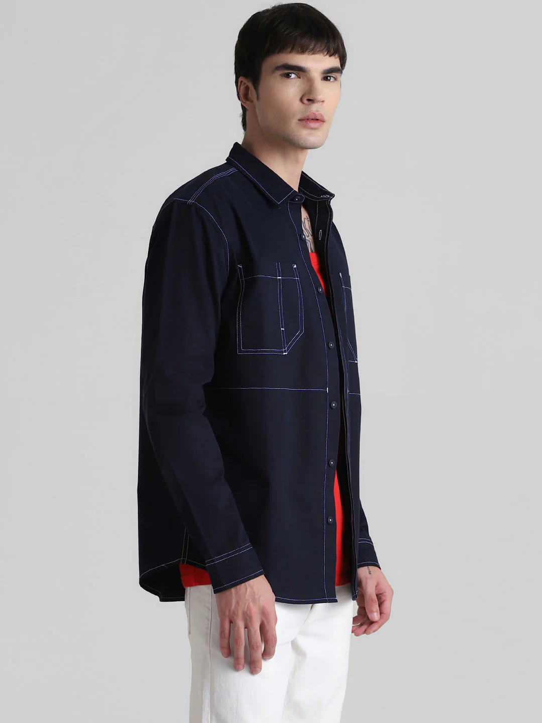 Blue Contrast Stitch Full Sleeves Shirt - Image 3