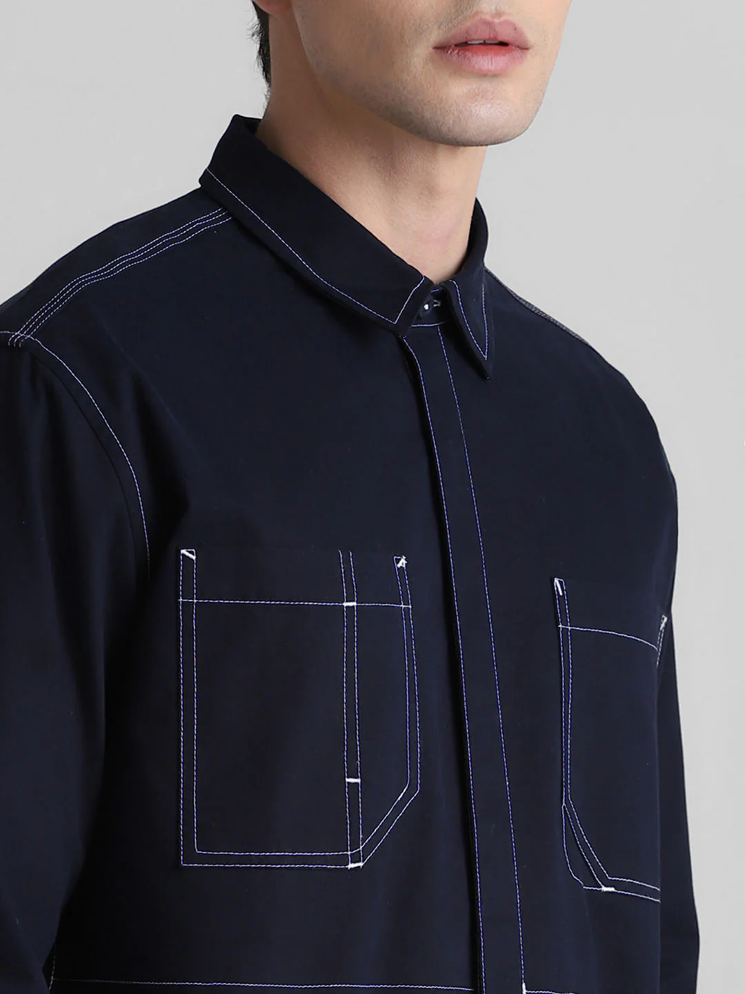 Blue Contrast Stitch Full Sleeves Shirt - Image 5