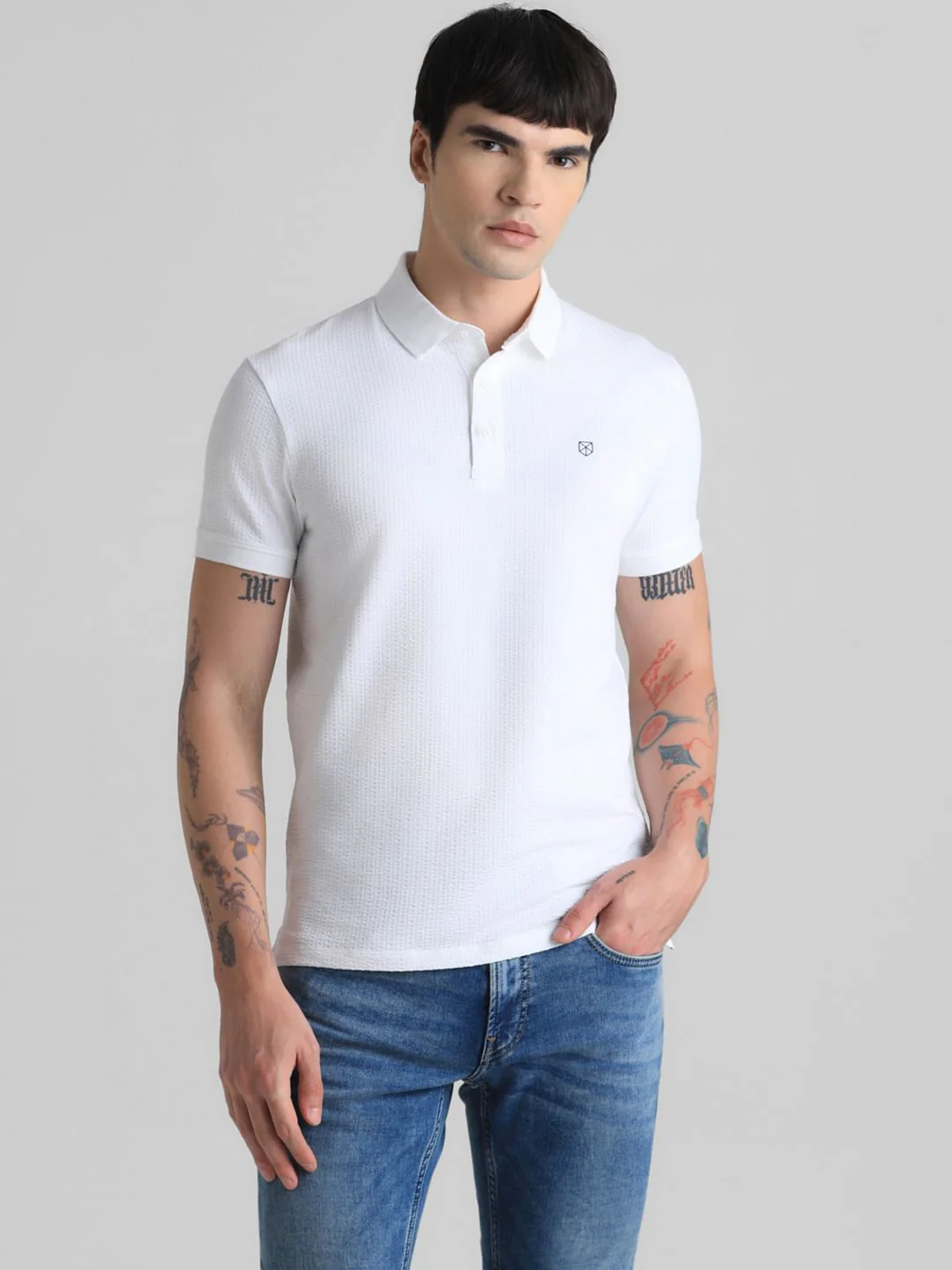 White Ribbed Sleeve Polo T-shirt - Image 2