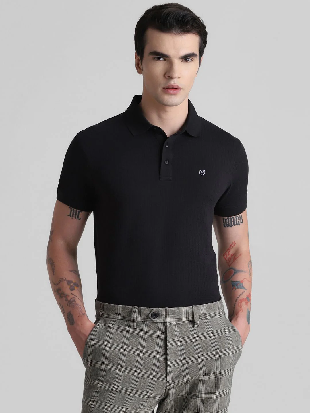 Black Ribbed Sleeve Polo T-shirt - Image 2