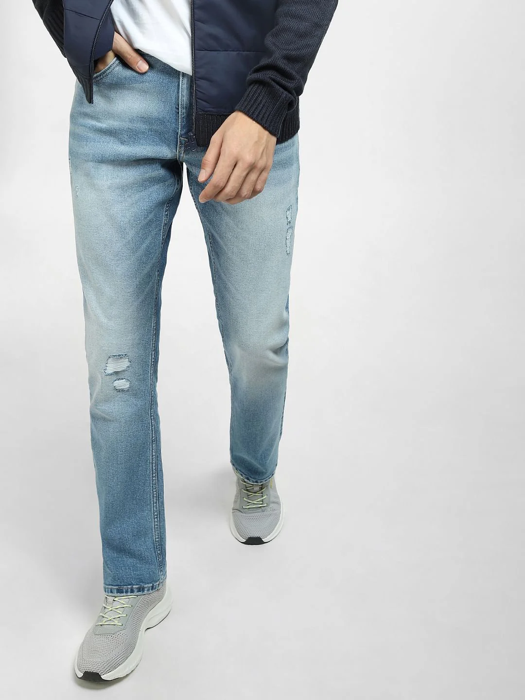 Light Blue Mid Rise Distressed Regular Fit Jeans - Image 2