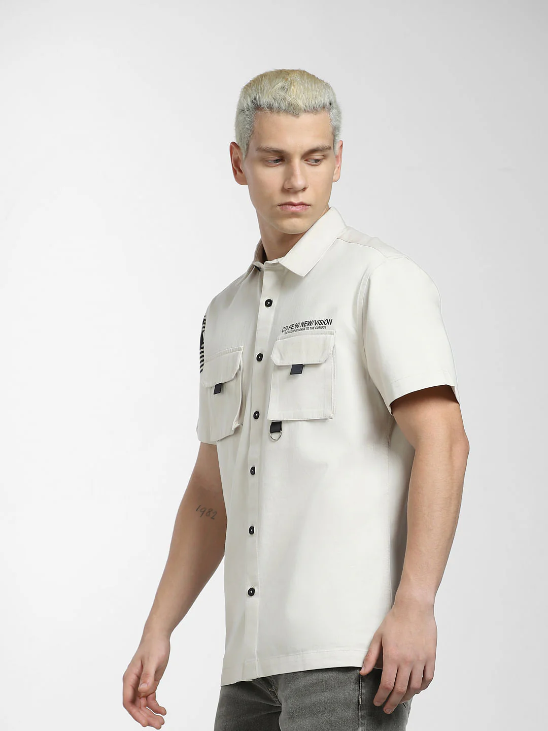 Beige Printed Short Sleeve Shirt - Image 3