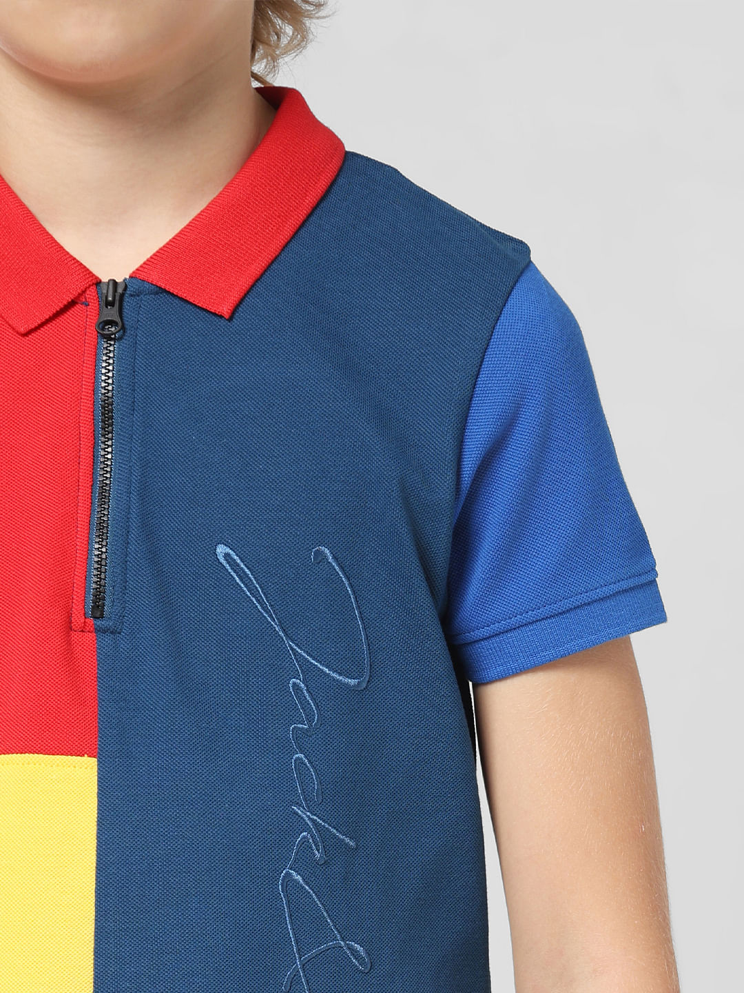 JUNIOR BOYS Blue Colourblocked Polo T-shirt - Image 4