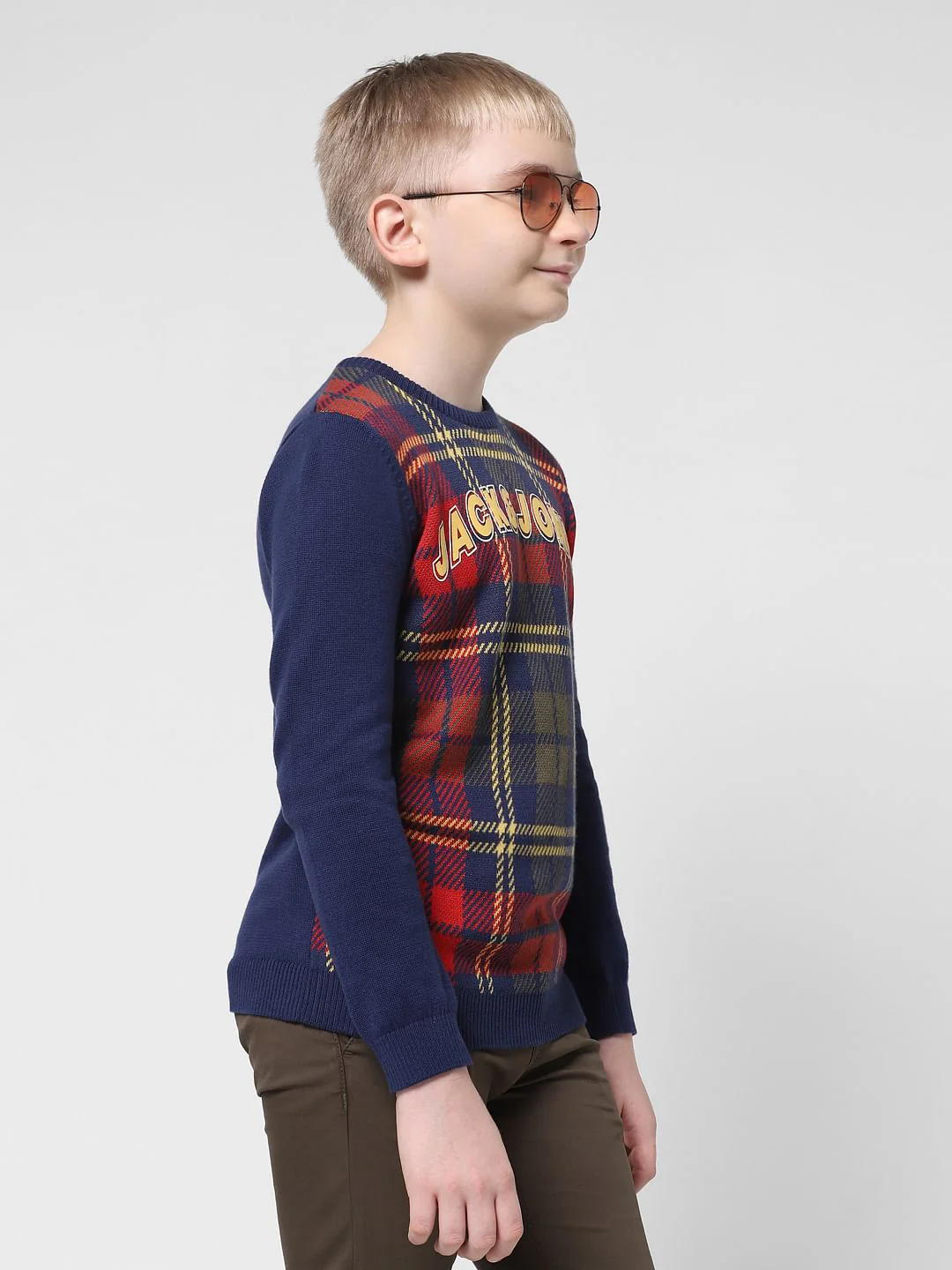 Navy Blue Grid Print Pullover