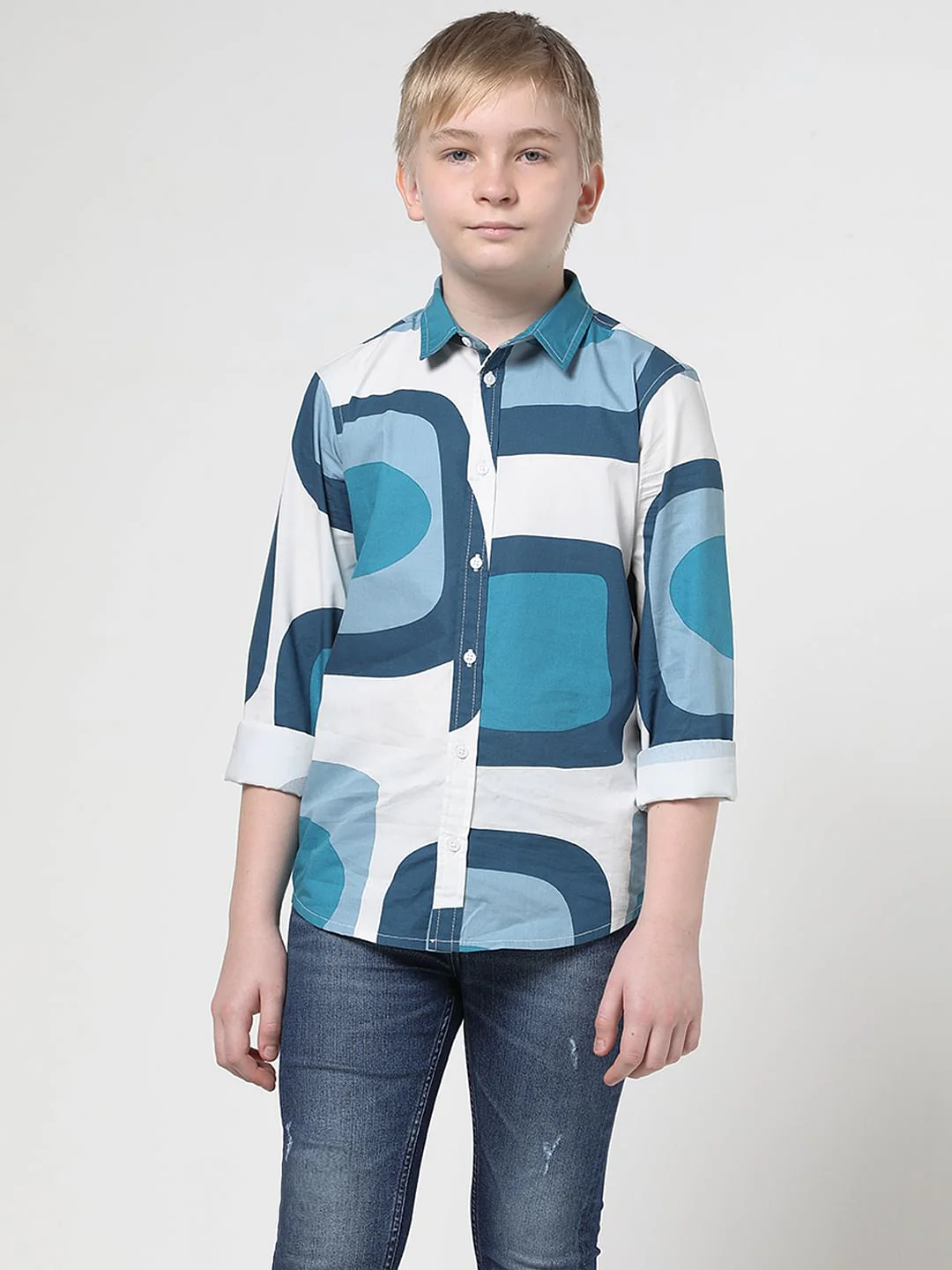Boys White Abstract Print Full Sleeves Shirt - Image 2