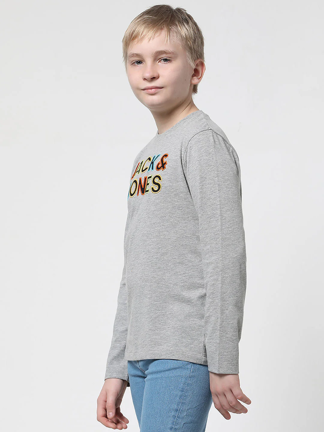 Boys Grey Logo Print Full Sleeves T-shirt - Image 3