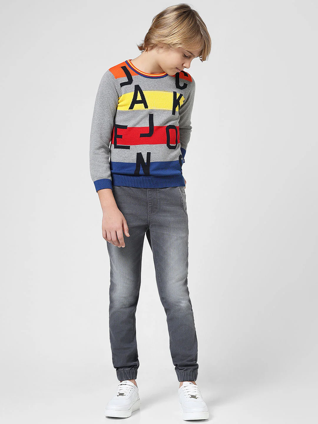JUNIOR BOYS Grey Striped Logo Print Pullover - Image 5