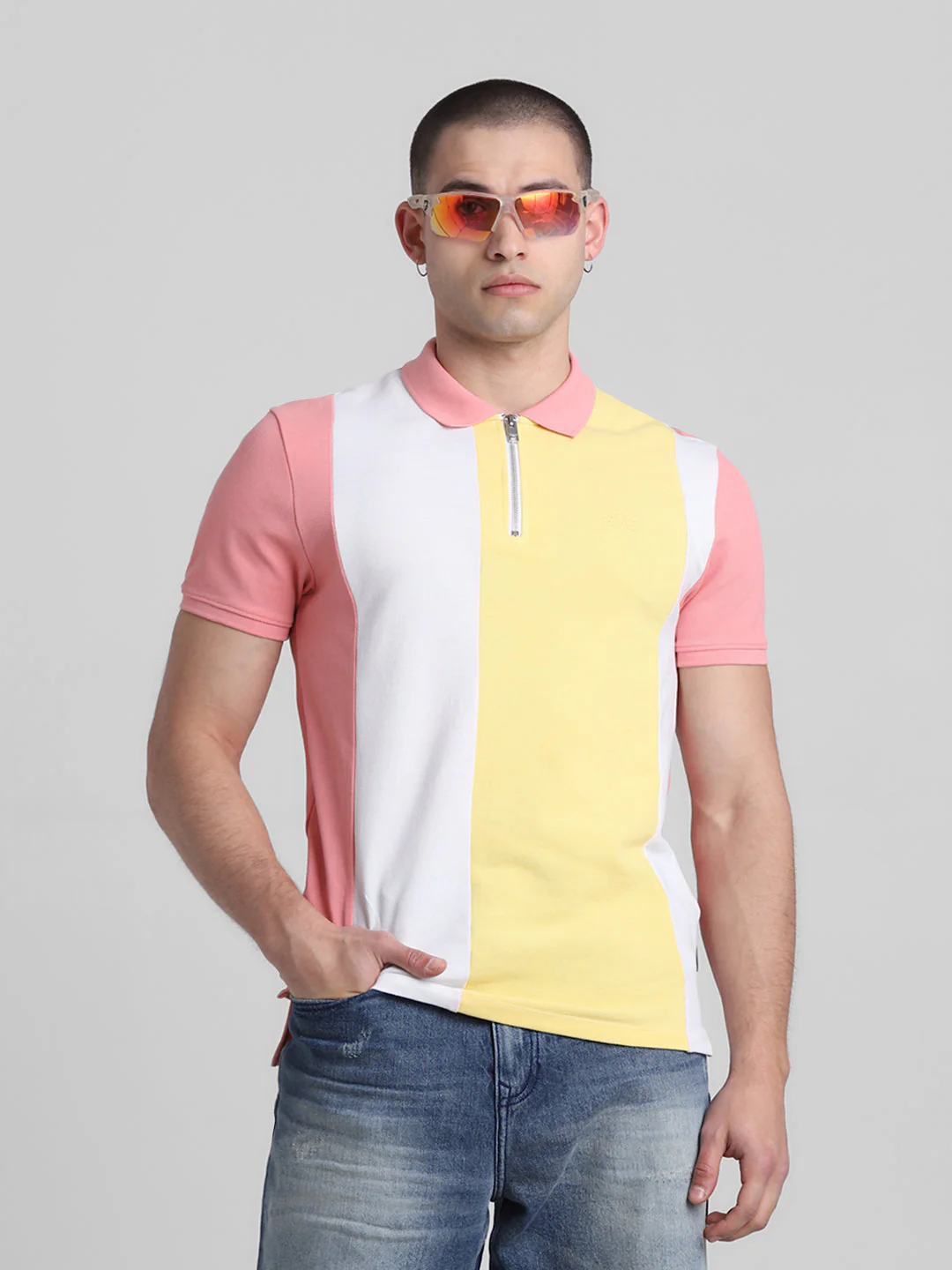 Pink Colourblocked Zip Detail Polo