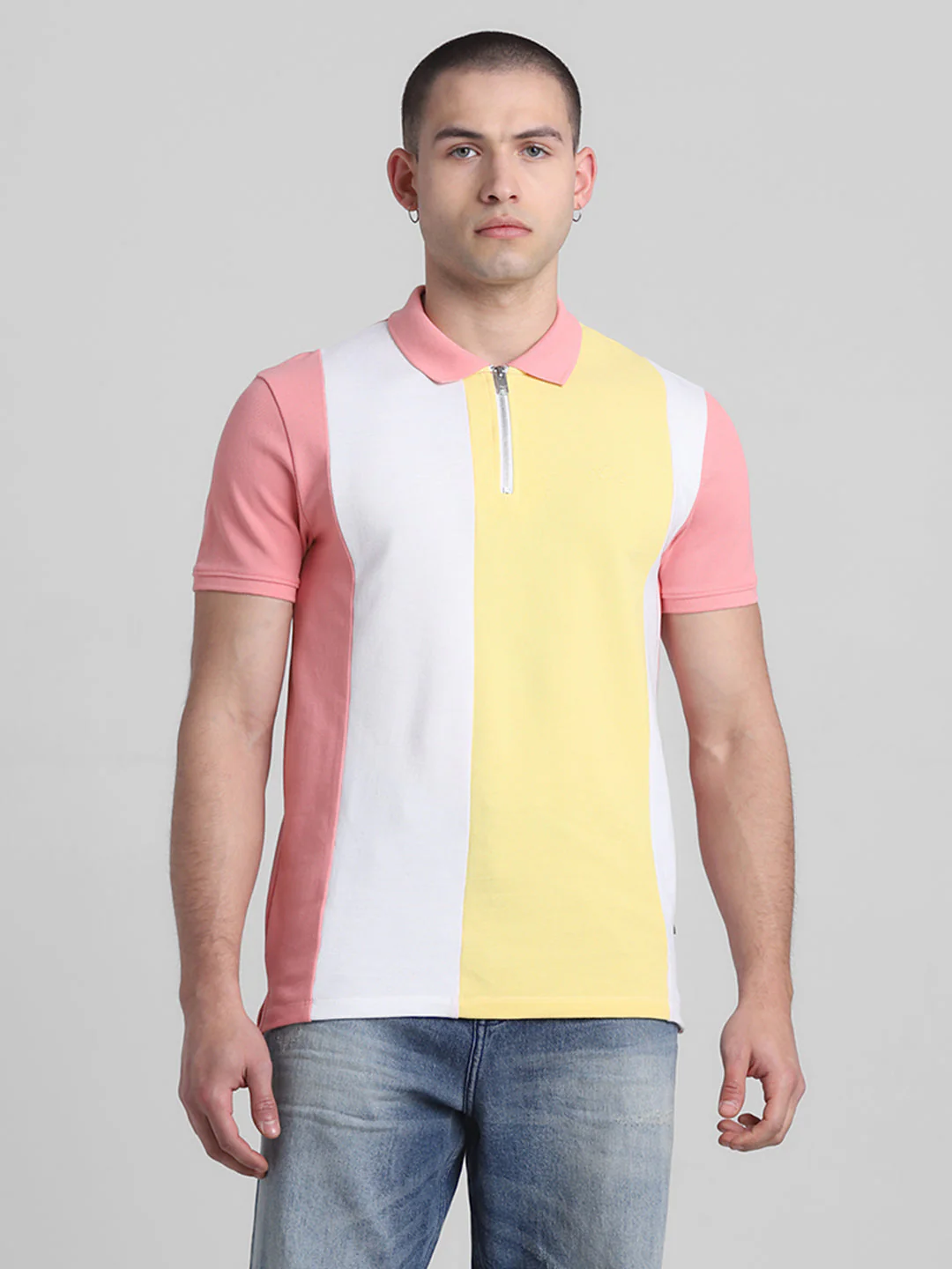 Pink Colourblocked Zip Detail Polo - Image 2