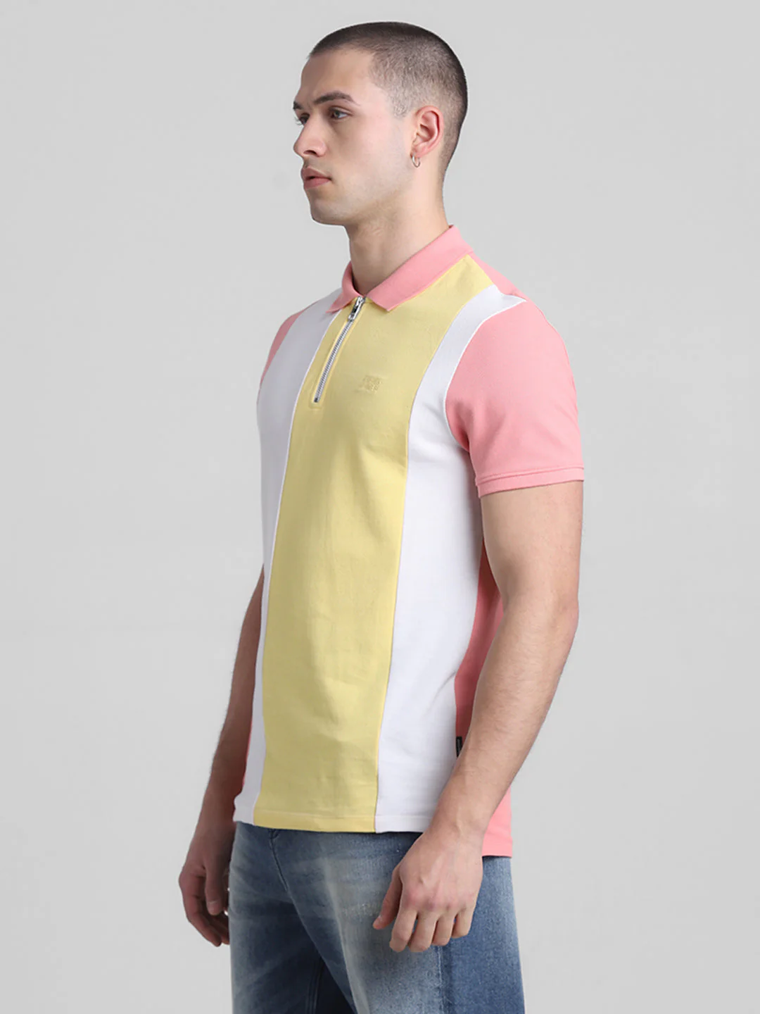 Pink Colourblocked Zip Detail Polo - Image 3