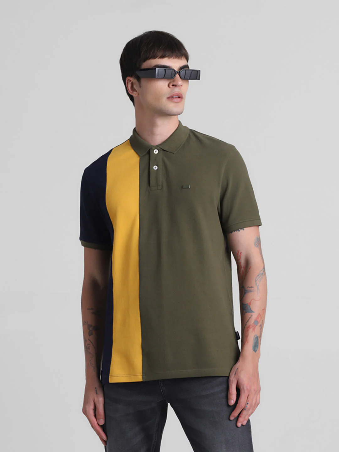 Green Colourblocked Cotton Polo