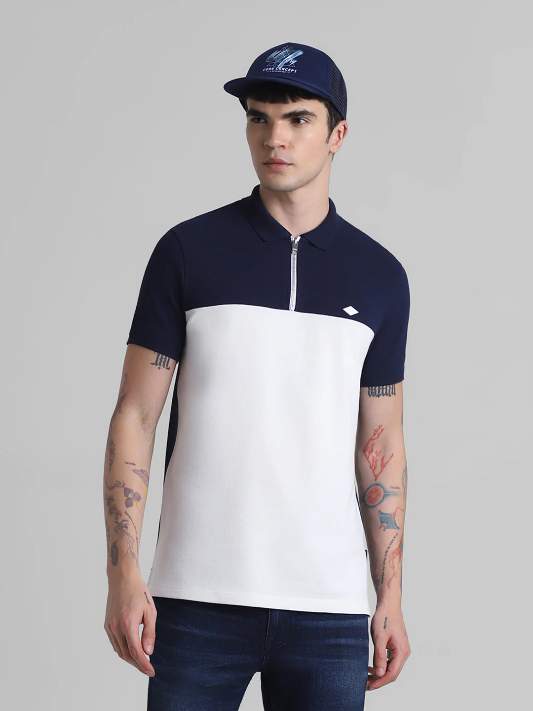 Navy Blue Colourblocked Zipped Polo