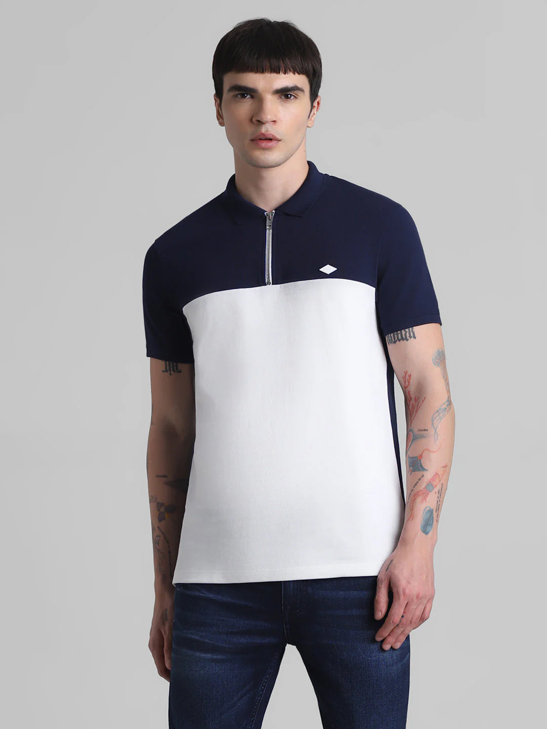 Navy Blue Colourblocked Zipped Polo - Image 2