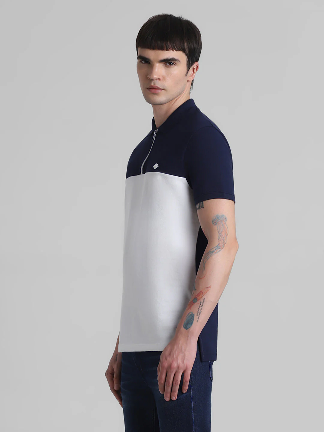 Navy Blue Colourblocked Zipped Polo - Image 3