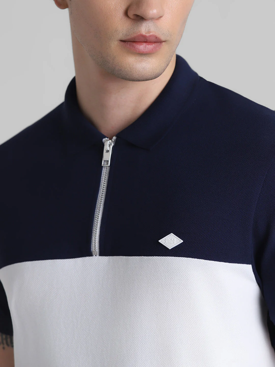 Navy Blue Colourblocked Zipped Polo - Image 5