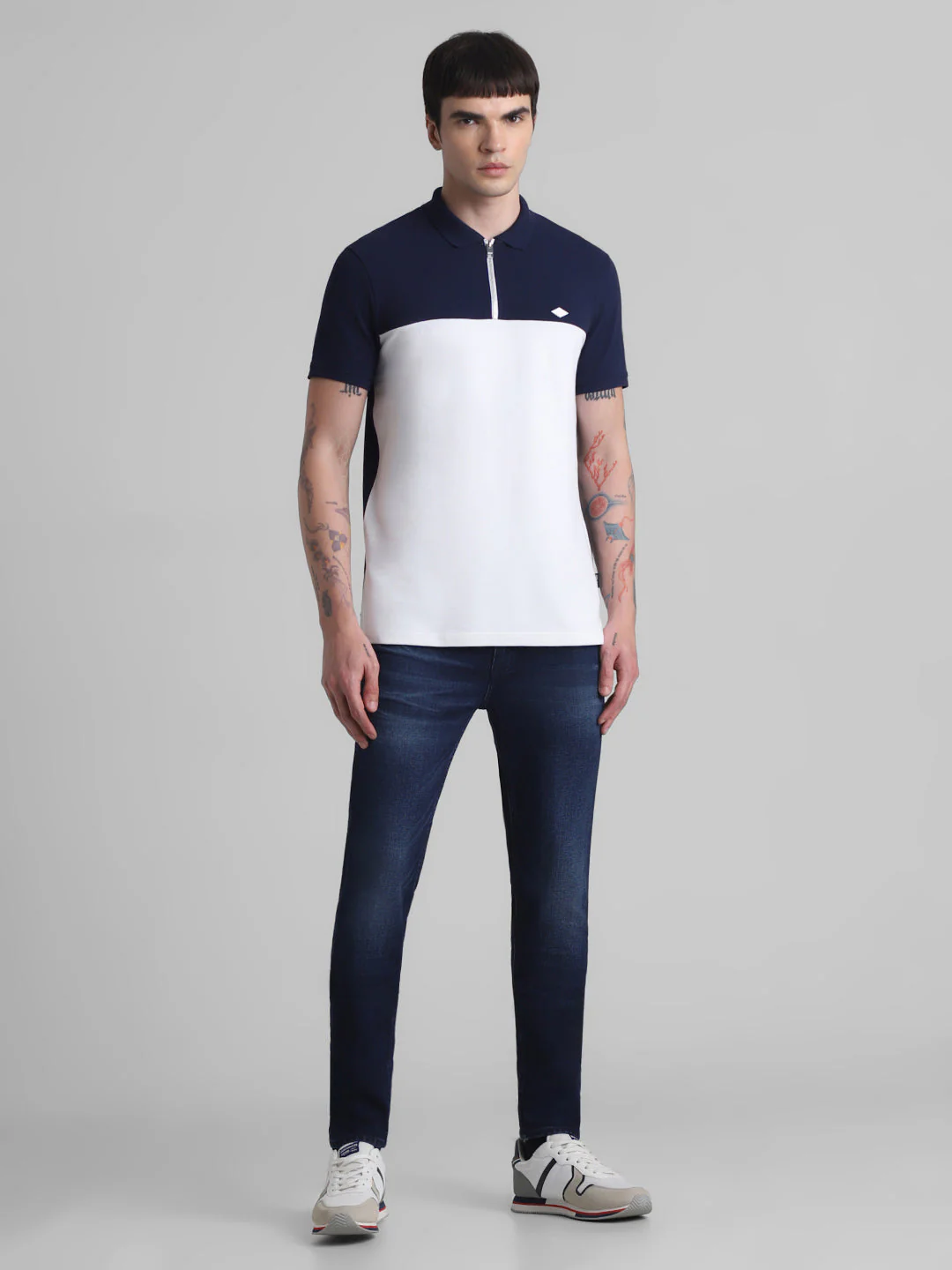 Navy Blue Colourblocked Zipped Polo - Image 6